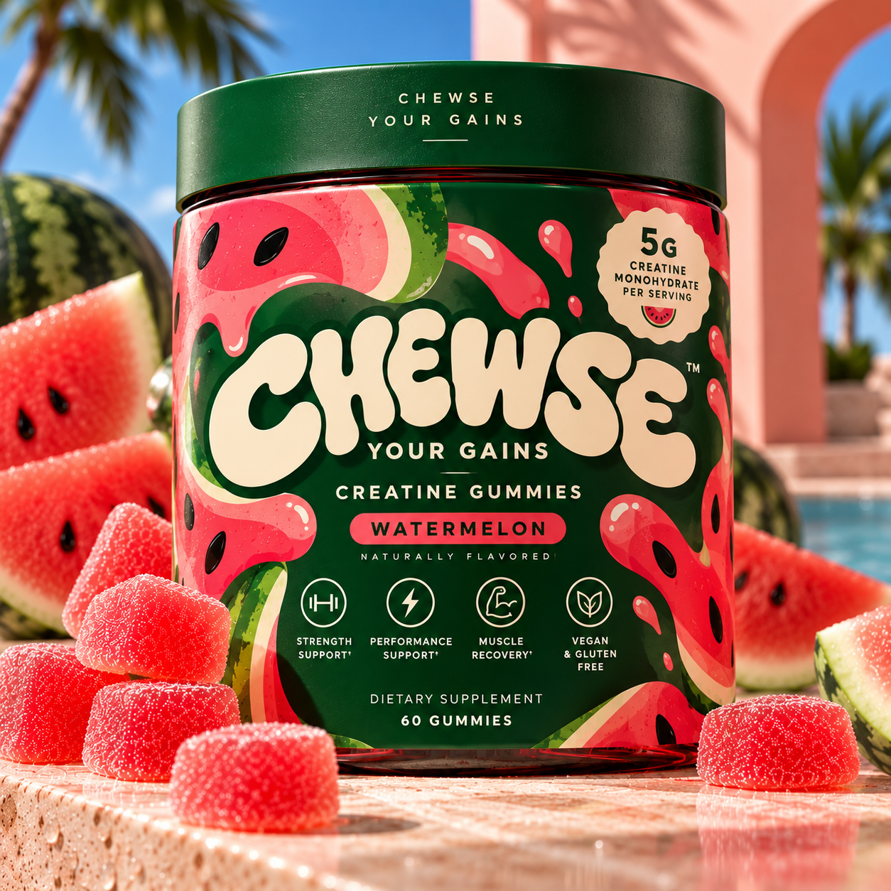 Concept rendering of watermelon creatine gummy jar